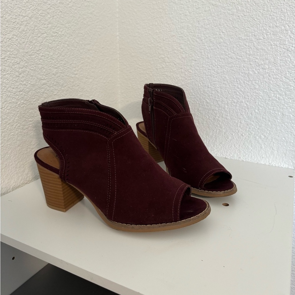 Burgundy open toe/heel booties